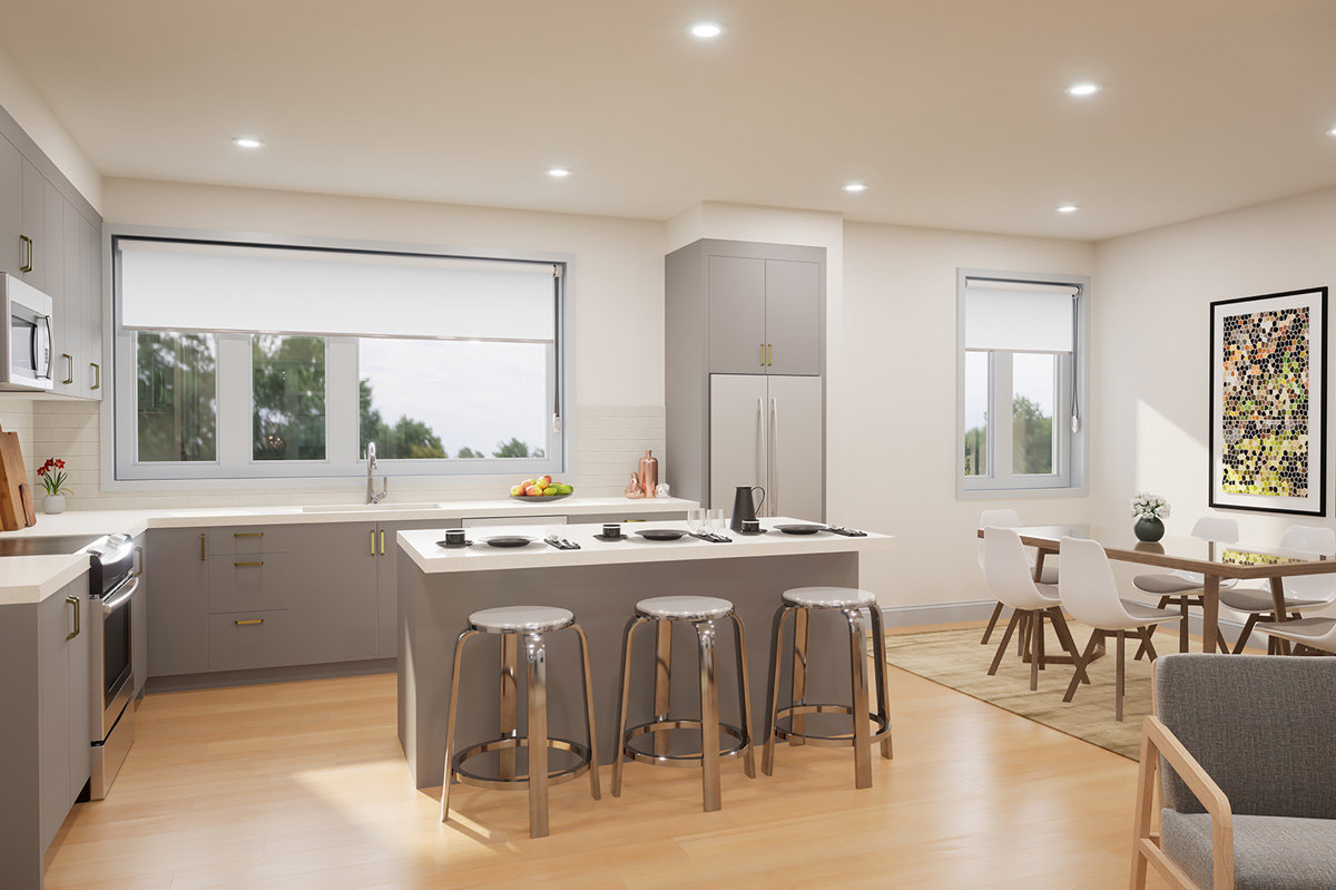 Kitchen with island, Trinity Hills townhomes Calgary